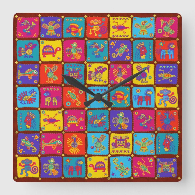 Colorful Aztec Mexican Animals 1 Square Wall Clock (Front)