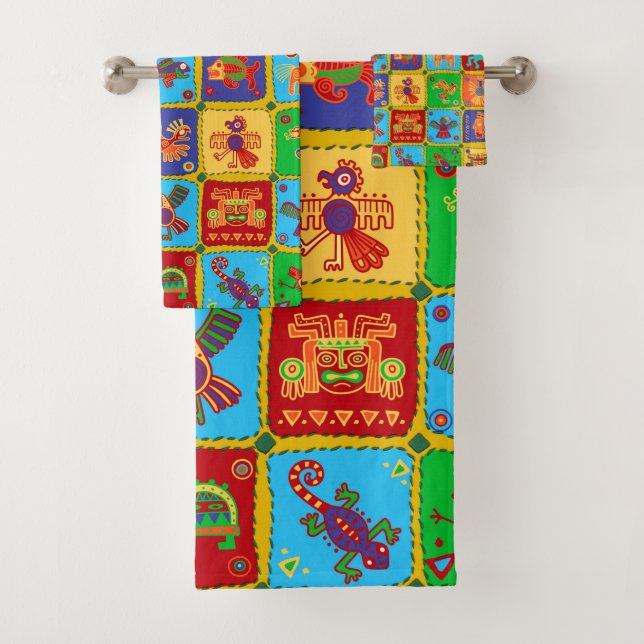 Colorful Aztec Mexican Animals Bath Towel Set (Insitu)