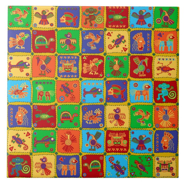 Colorful Aztec Mexican Animals Ceramic Tile (Front)