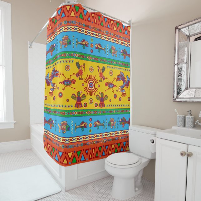 Colorful Aztec Mexican Animals Ornament Shower Curtain (In Situ)