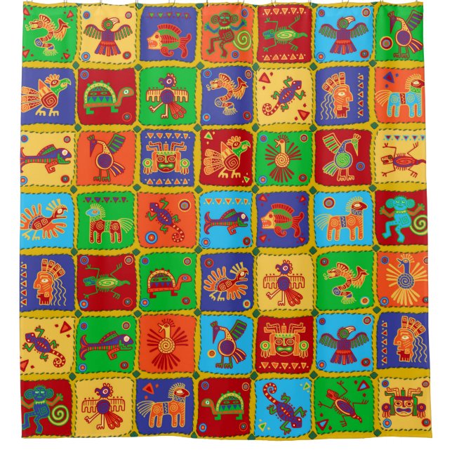 Colorful Aztec Mexican Animals Shower Curtain (Front)
