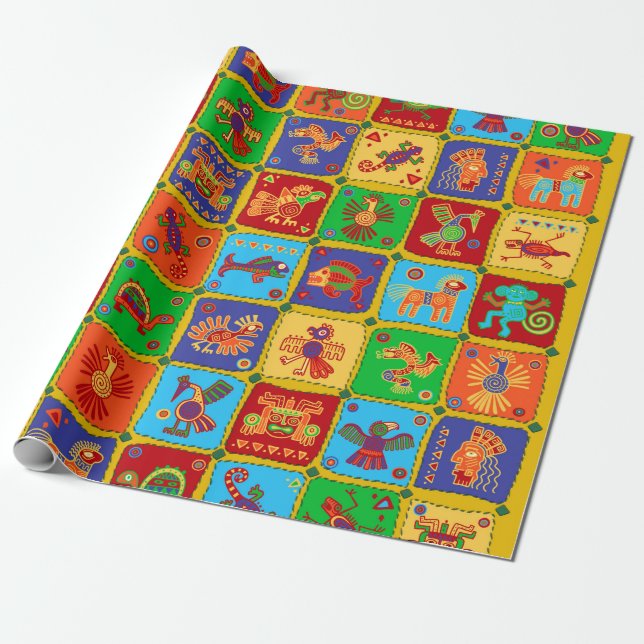 Colorful Aztec Mexican Animals Wrapping Paper (Unrolled)