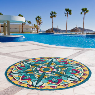 Colorful Aztec Summer Sun Mandala Pattern Beach Towel