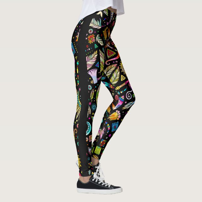 Colorful Aztec Symbols Seamless Pattern Leggings (Right)