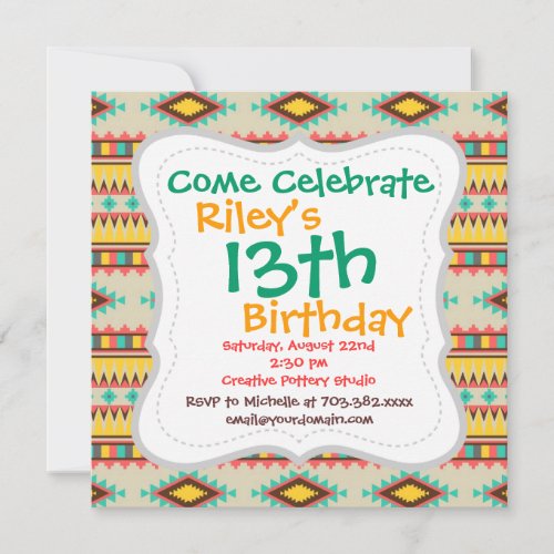 Colorful Aztec Tribal Native American Diamonds Personalized Invites