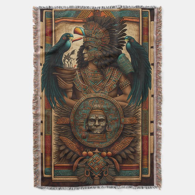 Colorful Aztec Warrior Blanket (Front Vertical)