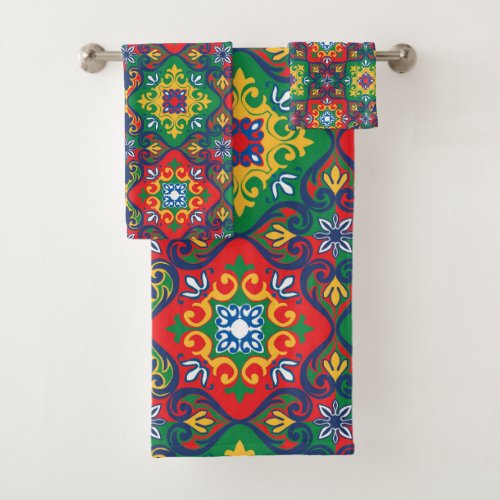 Colorful Azulejo red green yellow Bath Towel Set