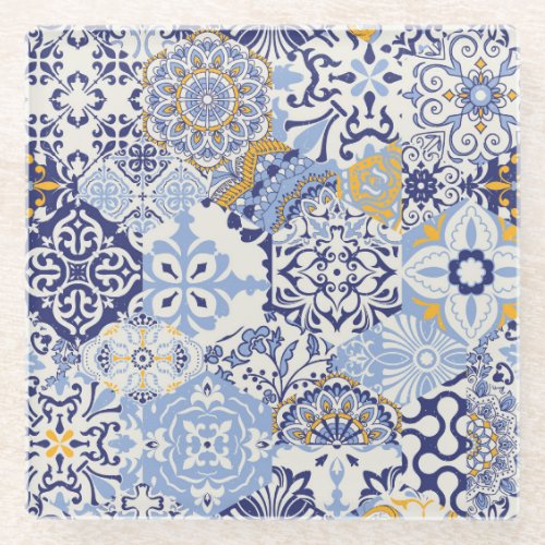 Colorful Azulejos tiles hand_drawn pattern Glass Coaster