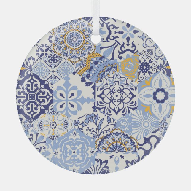 Colorful Azulejos tiles: hand-drawn pattern. Glass Ornament (Front)