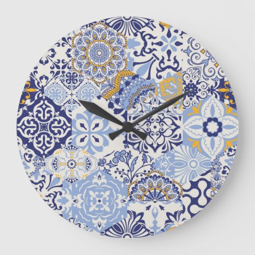 Colorful Azulejos tiles hand_drawn pattern Large Clock