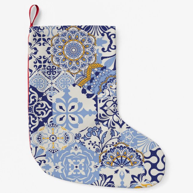 Colorful Azulejos tiles: hand-drawn pattern. Small Christmas Stocking (Front)