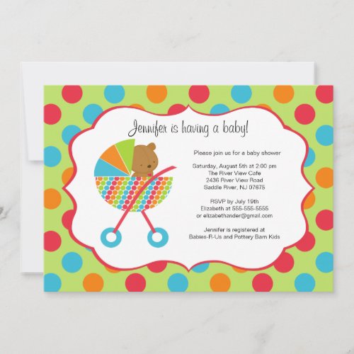 Colorful Baby Carriage Bear Baby Shower Invitation