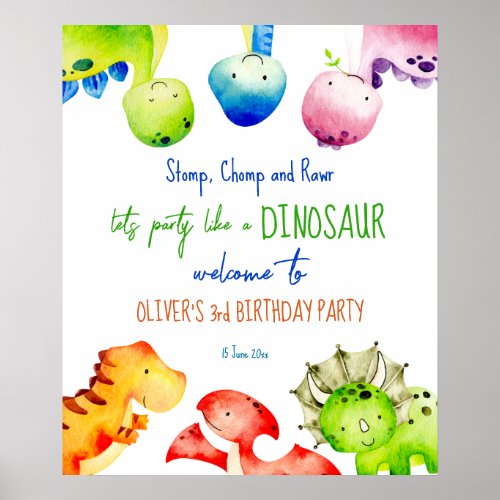 Colorful baby dinosaurs birthday welcome sign