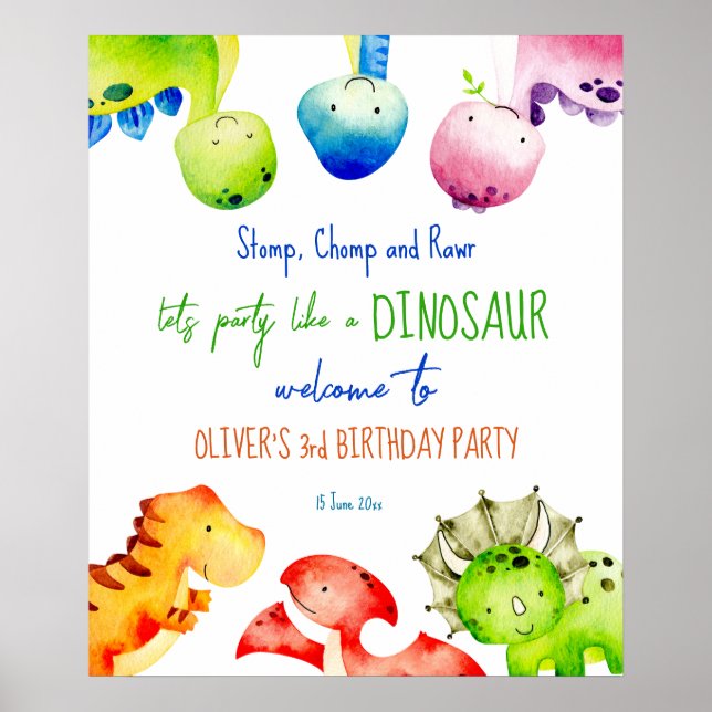 Colorful baby dinosaurs birthday welcome sign (Front)
