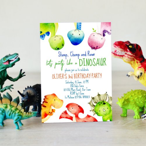 Colorful baby dinosaurs toddler birthday invite