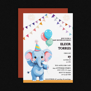 Colorful Baby Elephant with Balloons Baby Shower Invitation