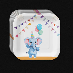 Colorful Baby Elephant with Balloons Baby Shower Paper Plates
