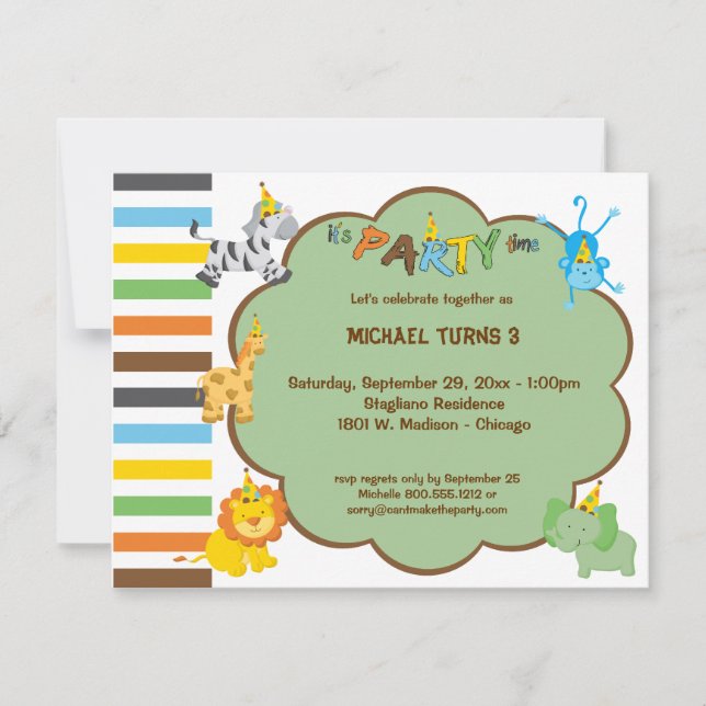 Colorful Baby Party Animals Customizable Invite (Front)