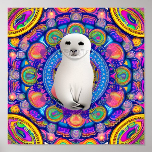 Colorful Baby Seal Mandala Boho Poster Nursery Art