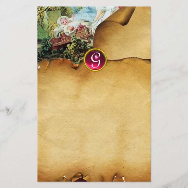 COLORFUL BABY SHOWER Brown Parchment Ruby Monogram Stationery (Front)