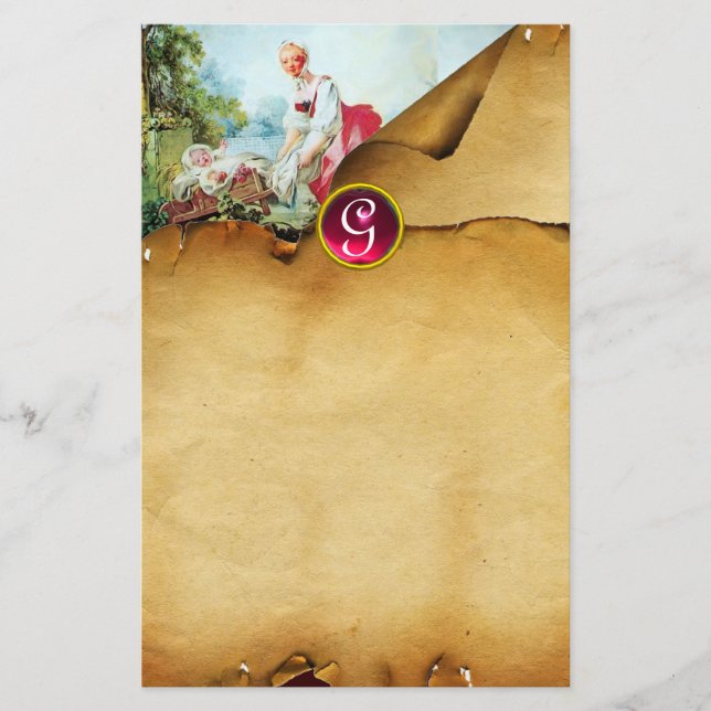 COLORFUL BABY SHOWER Parchment Red Ruby Monogram Stationery (Front)