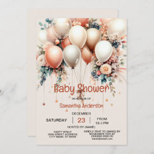 Colorful Baby Shower Peach WhiteFloral Balloons Invitation