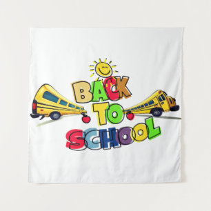 Colorful Back to School Cartoon Design with School Tapestry