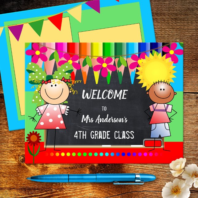Colorful Back to School Chalkboard Postcard (A cheerful postcard featuring happy children on a chalkboard background with colored pencils)