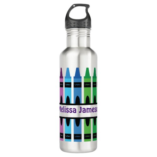 Colorful Back to School Name Monogram Crayon Stainless Steel Water Bottle