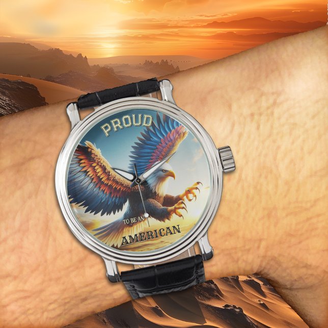 Colorful Bald Eagle Classic Patriot  Watch (Watch featuring a colorful painting of a landing bald eagle with spread wings - patriot gift)