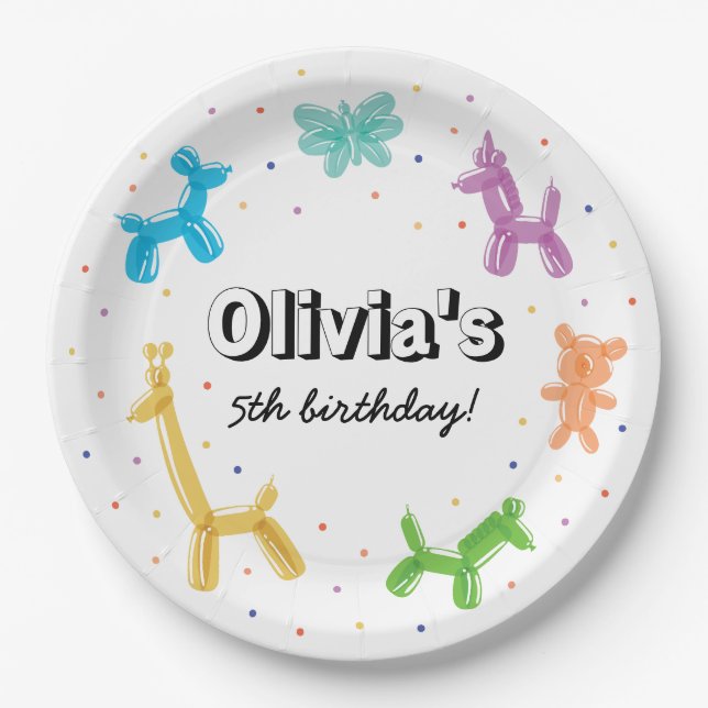 Colorful Balloon Animals Birthday Party Paper Plates (Front)