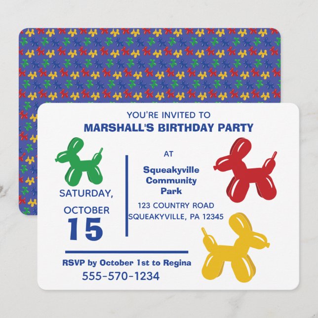 Colorful Balloon Animals Dogs Kids Birthday Party Invitation (Front/Back)