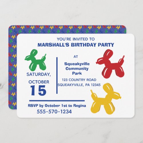 Colorful Balloon Animals Dogs Kids Birthday Party Invitation