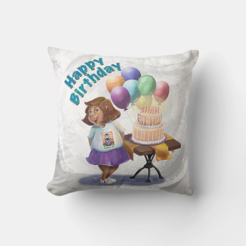 Colorful Balloon Birthday Girl and Cake Throw Pillow