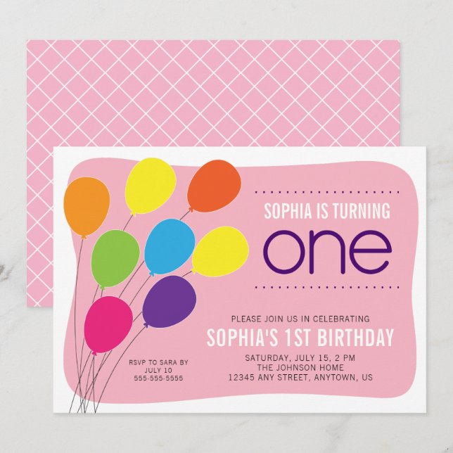 Colorful Balloon on Pink Girl's 1st Birthday Party Invitation (Front/Back)