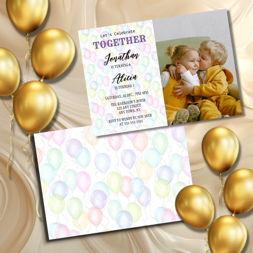Colorful Balloon Photo Joint Birthday Party Invitation