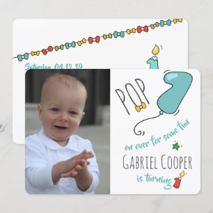 Colorful balloon themed first birthday photo invitation