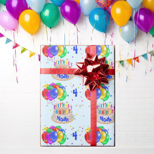 Colorful Balloons Add NAME to Cake Boy's Birthday Wrapping Paper