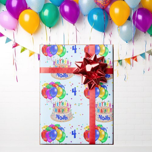 Colorful Balloons Add NAME to Cake Boys Birthday Wrapping Paper