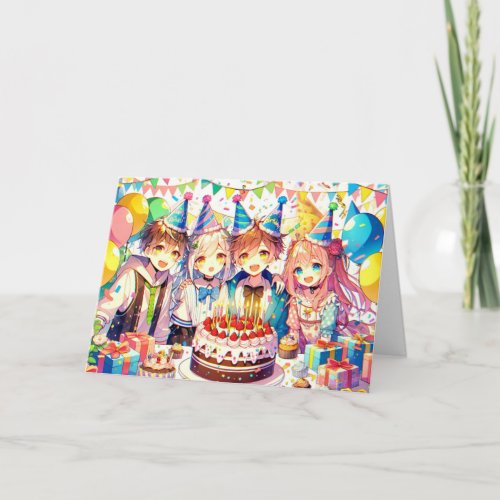 Colorful Balloons and Cake Anime Birthday Card
