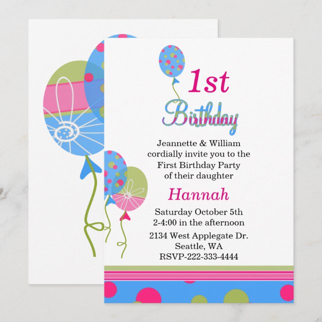 Colorful Balloons Baby's First Birthday Invitation (Front/Back)