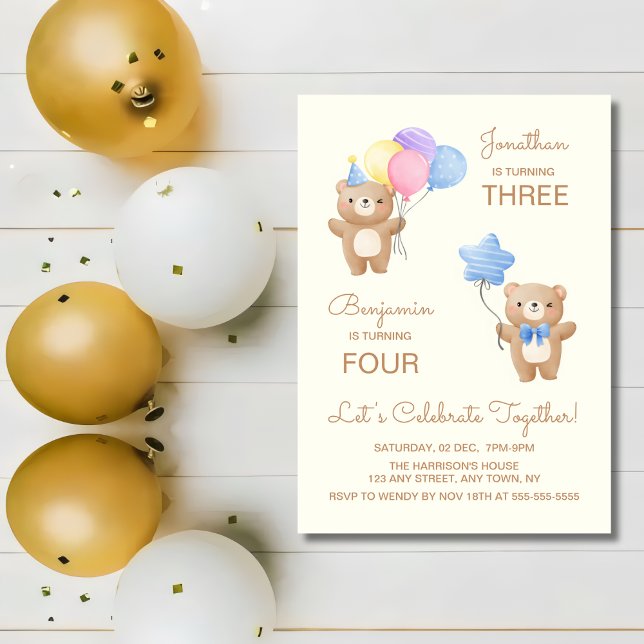 Colorful Balloons Bear Boys Joint Birthday  Invitation (Creator Uploaded)