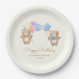 Colorful Balloons Bear Boys Joint Birthday Paper Plates