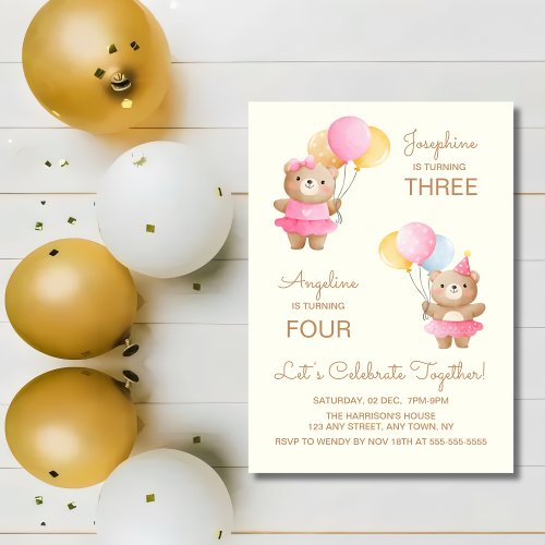 Colorful Balloons Bear Girls Joint Birthday  Invitation