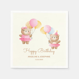 Colorful Balloons Bear Girls Joint Birthday Napkins