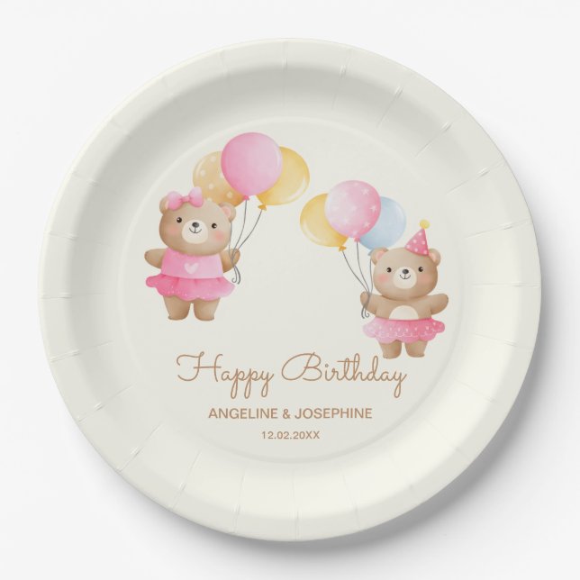 Colorful Balloons Bear Girls Joint Birthday  Paper Plates (Front)