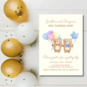 Colorful Balloons Bear Twin Boys Joint Birthday Invitation
