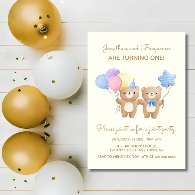 Colorful Balloons Bear Twin Boys Joint Birthday  Invitation (Creator Uploaded)