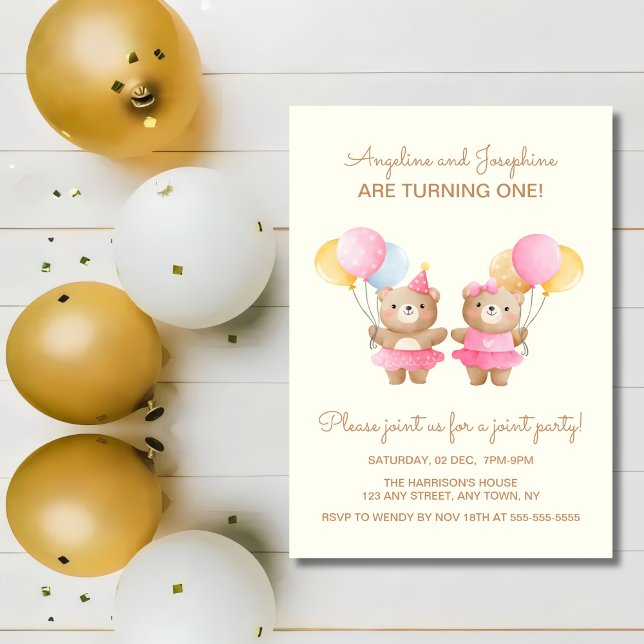Colorful Balloons Bear Twin Girls Joint Birthday  Invitation (Creator Uploaded)