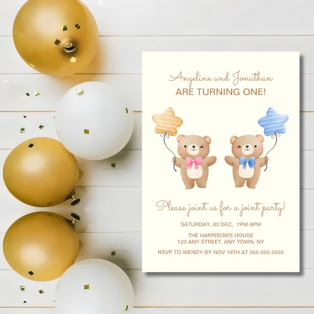 Colorful Balloons Bear Twin Joint Birthday  Invitation (Creator Uploaded)